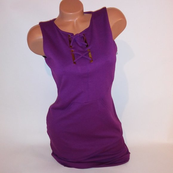 Ivank Trump Pencil Dress Size 4 Solid Purple Sleeveless Gold Hardware Criss Cros - Picture 1 of 12